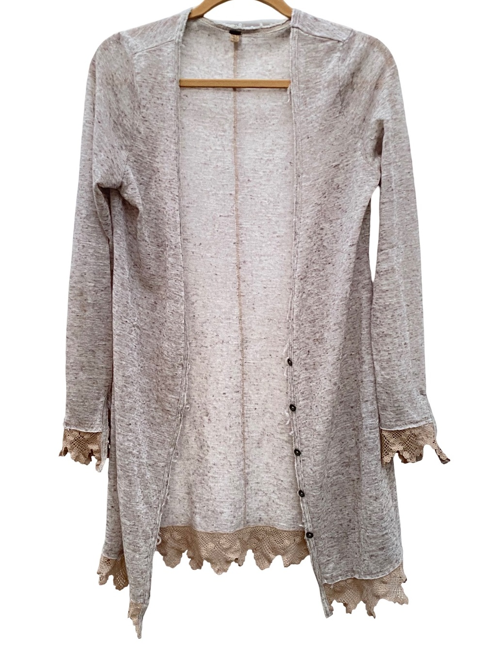 Free People linen blend Y2K longline boho lace accent button cardigan size M